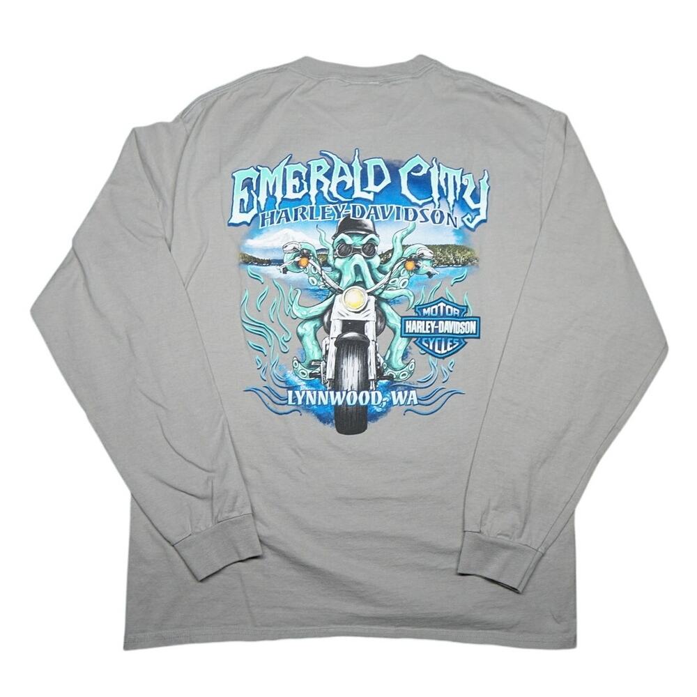 Harley Davidson Emerald City Kraken Lynnwood WA Long Sleeve T-Shirt Gray Large